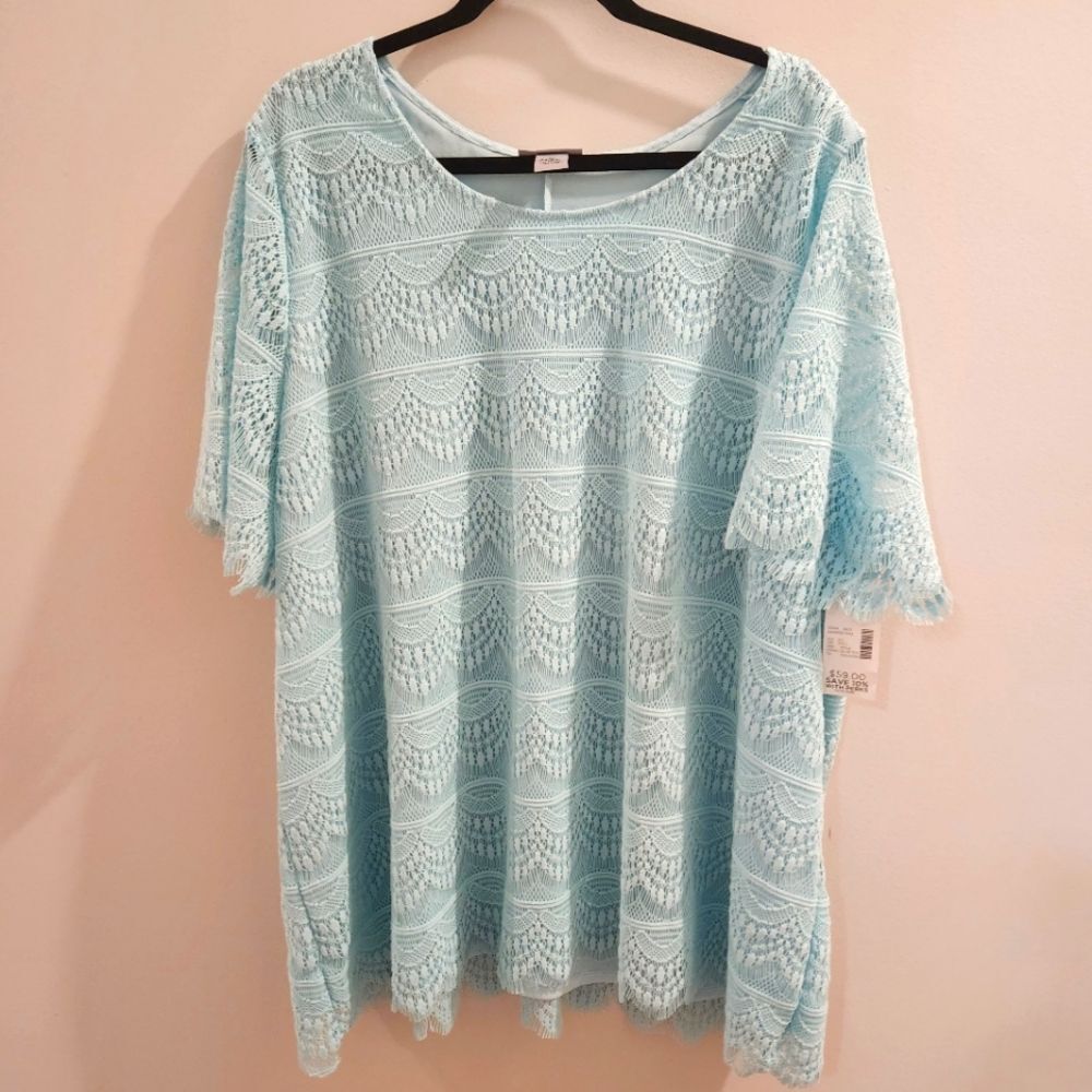 CATHERINES Light Blue Crochet Lace Short Sleeve Lined Blouse SZ 2X 22/24W
